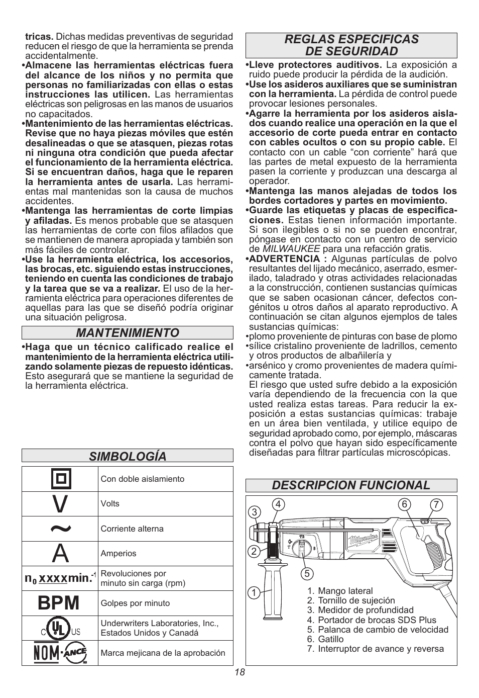 Reglas especificas de seguridad, Simbología, Descripcion funcional | Mantenimiento | Milwaukee Tool 5262-21 User Manual | Page 18 / 24