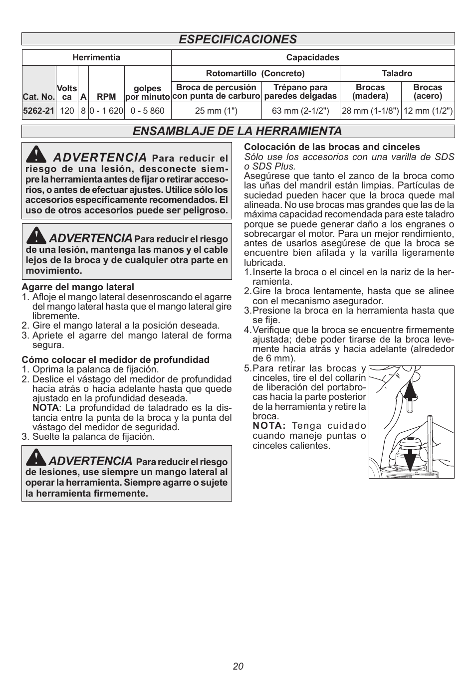 Especificaciones, Ensamblaje de la herramienta, Advertencia | Milwaukee Tool 5262-21 User Manual | Page 20 / 24