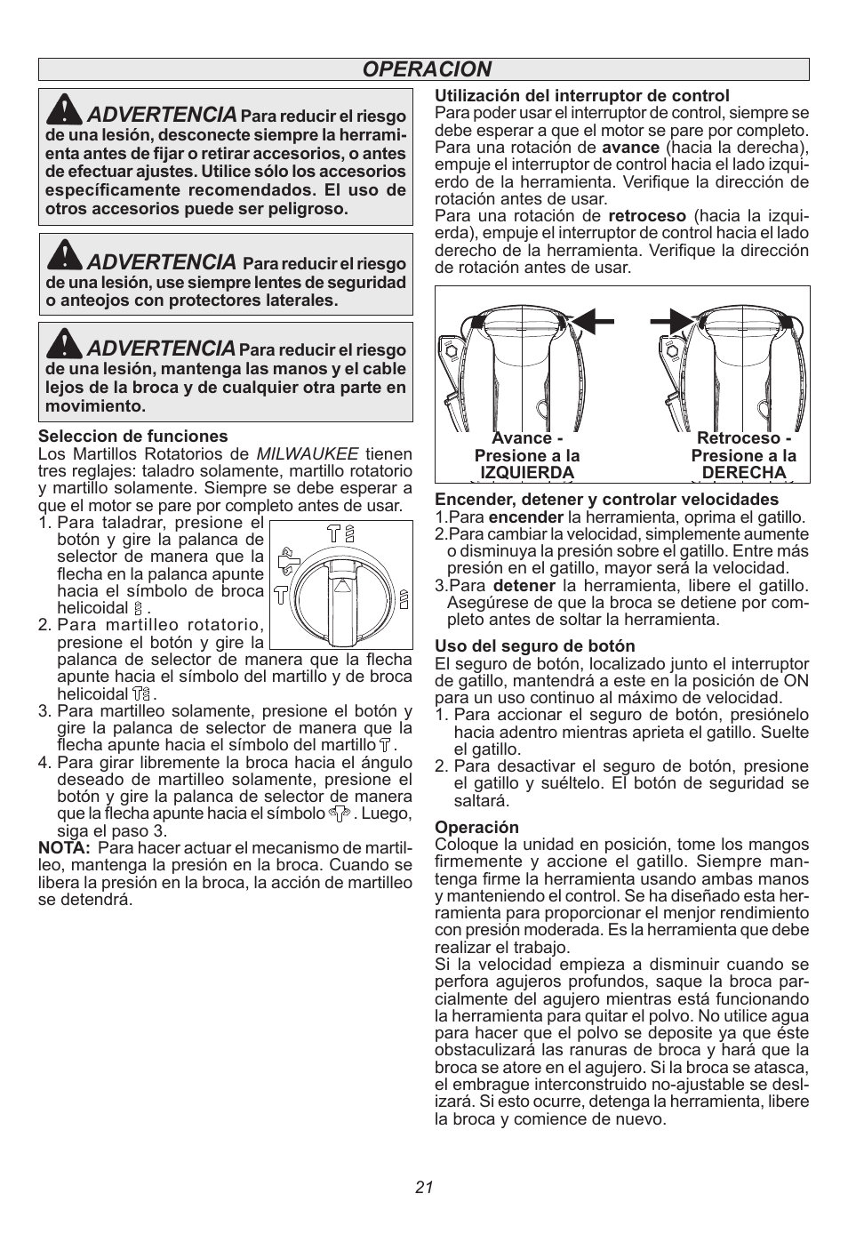 Operacion, Advertencia | Milwaukee Tool 5262-21 User Manual | Page 21 / 24