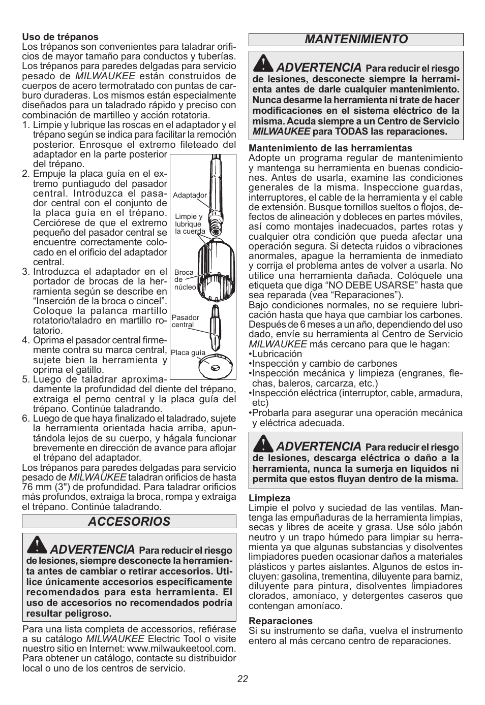 Accesorios, Mantenimiento, Advertencia | Milwaukee Tool 5262-21 User Manual | Page 22 / 24