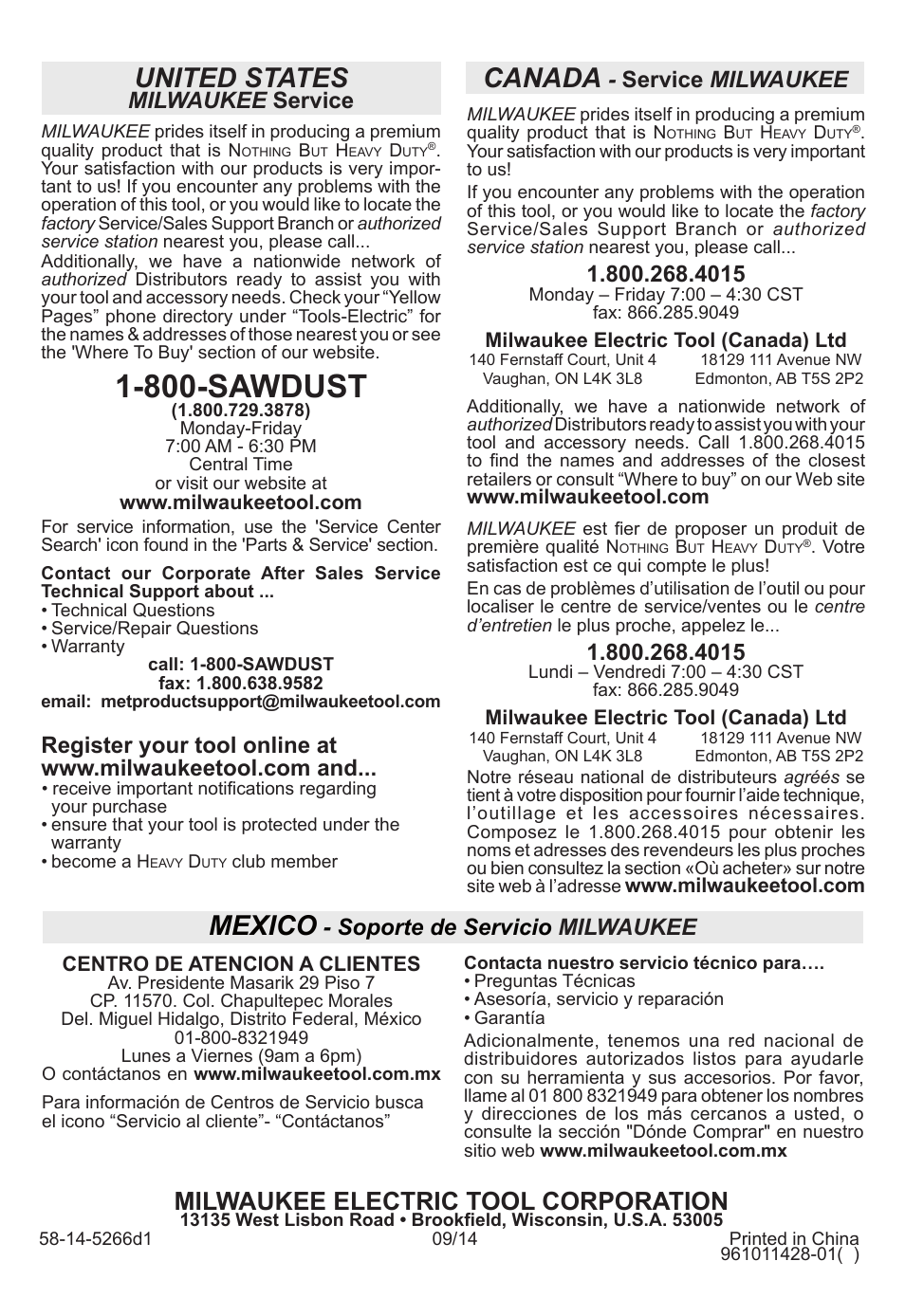 800-sawdust, United states, Canada | Mexico, Milwaukee electric tool corporation, Milwaukee service, Service milwaukee, Soporte de servicio milwaukee | Milwaukee Tool 5262-21 User Manual | Page 24 / 24