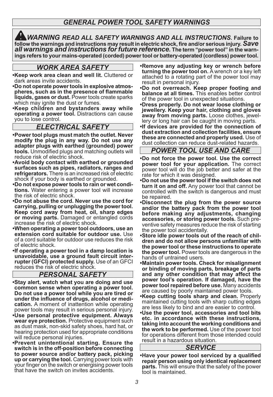 Electrical safety, Personal safety, Power tool use and care | Service, Warning | Milwaukee Tool 5262-21 User Manual | Page 3 / 24