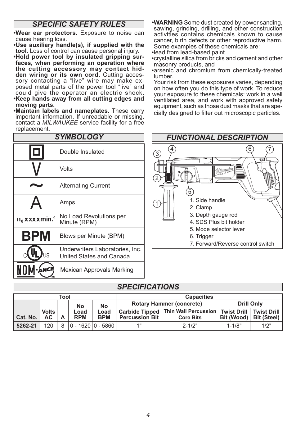 Specific safety rules symbology, Specifications, Functional description | Milwaukee Tool 5262-21 User Manual | Page 4 / 24