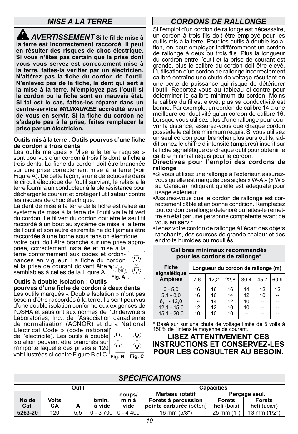 Avertissement, Mise a la terre, Spécifications | Milwaukee Tool 5263-21 User Manual | Page 10 / 20