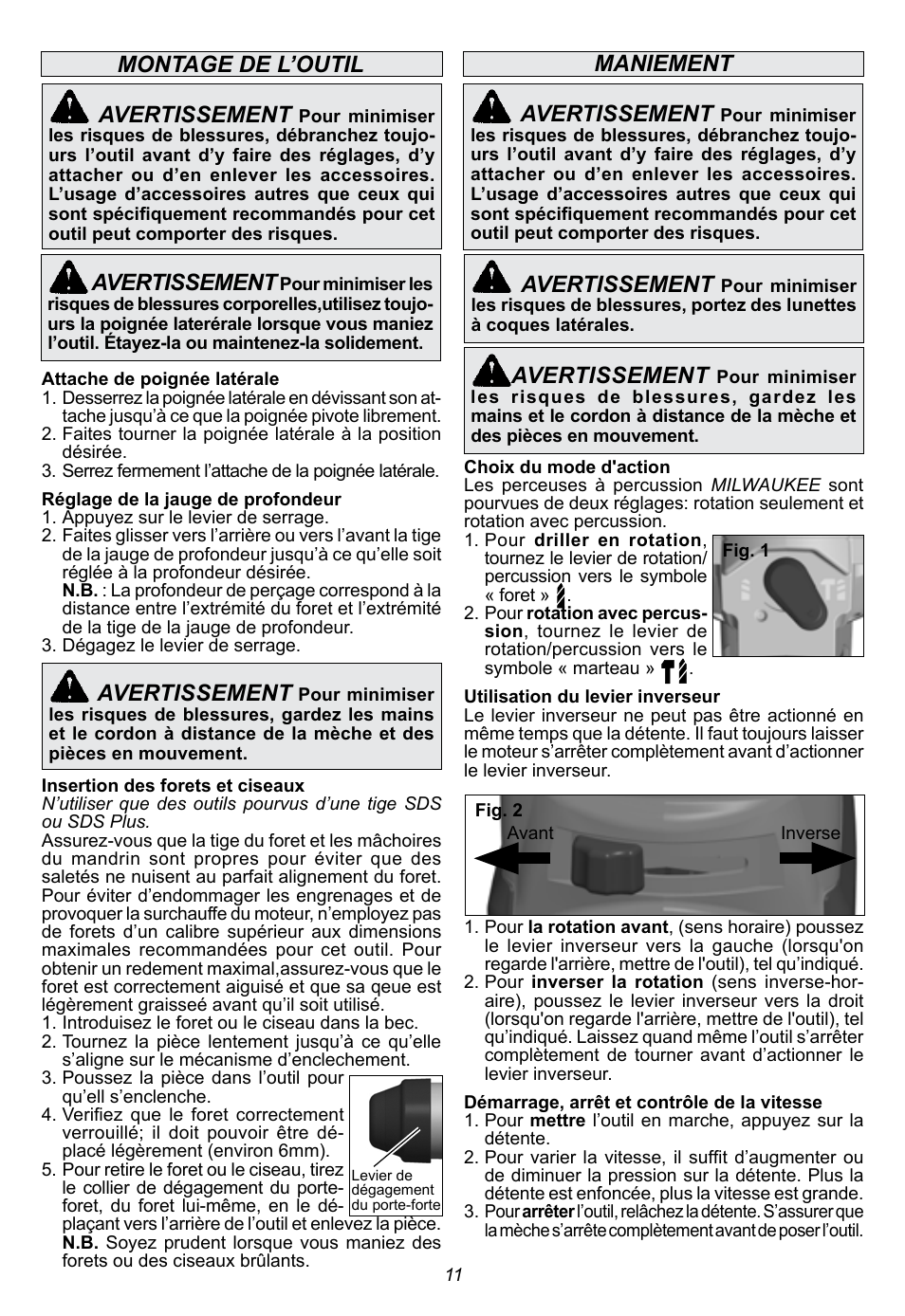 Maniement montage de l’outil avertissement, Avertissement | Milwaukee Tool 5263-21 User Manual | Page 11 / 20