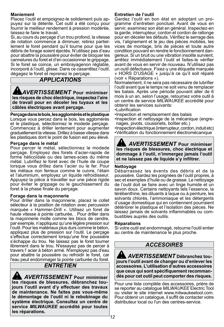 Entretien avertissement, Avertissement, Accesoires avertissement | Applications avertissement | Milwaukee Tool 5263-21 User Manual | Page 12 / 20