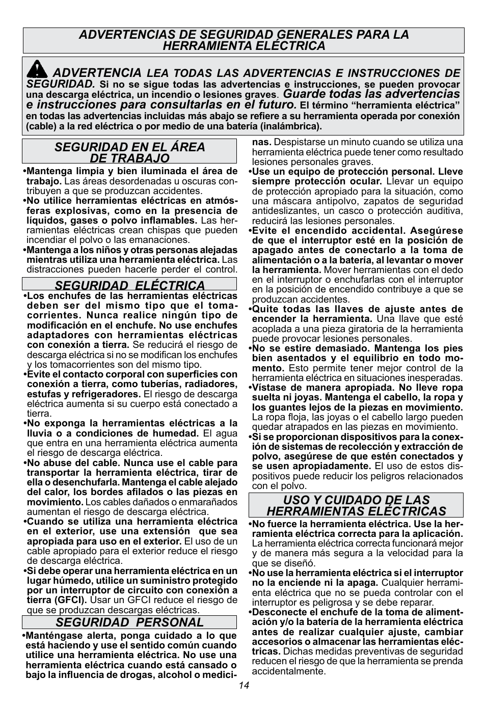 Seguridad eléctrica, Seguridad personal, Uso y cuidado de las herramientas eléctricas | Advertencia | Milwaukee Tool 5263-21 User Manual | Page 14 / 20