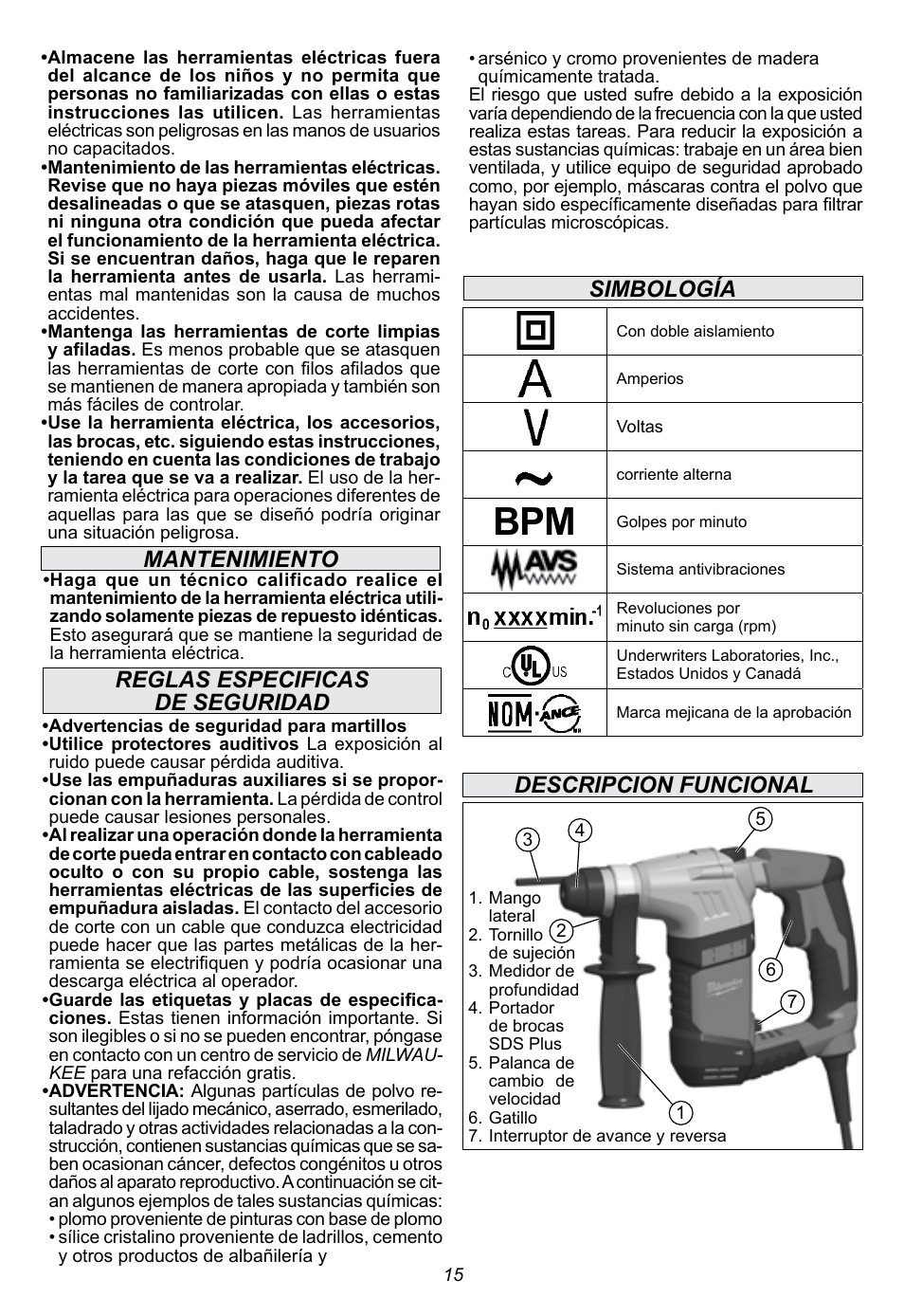 Reglas especificas de seguridad, Simbología descripcion funcional, Mantenimiento | Milwaukee Tool 5263-21 User Manual | Page 15 / 20