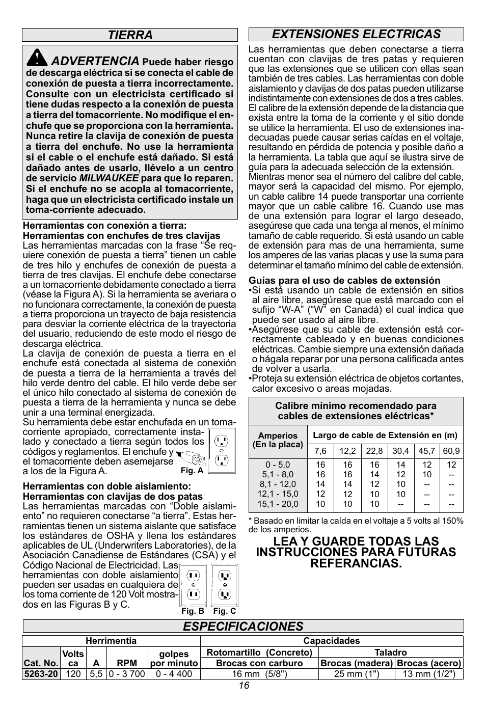 Tierra advertencia, Especificaciones | Milwaukee Tool 5263-21 User Manual | Page 16 / 20