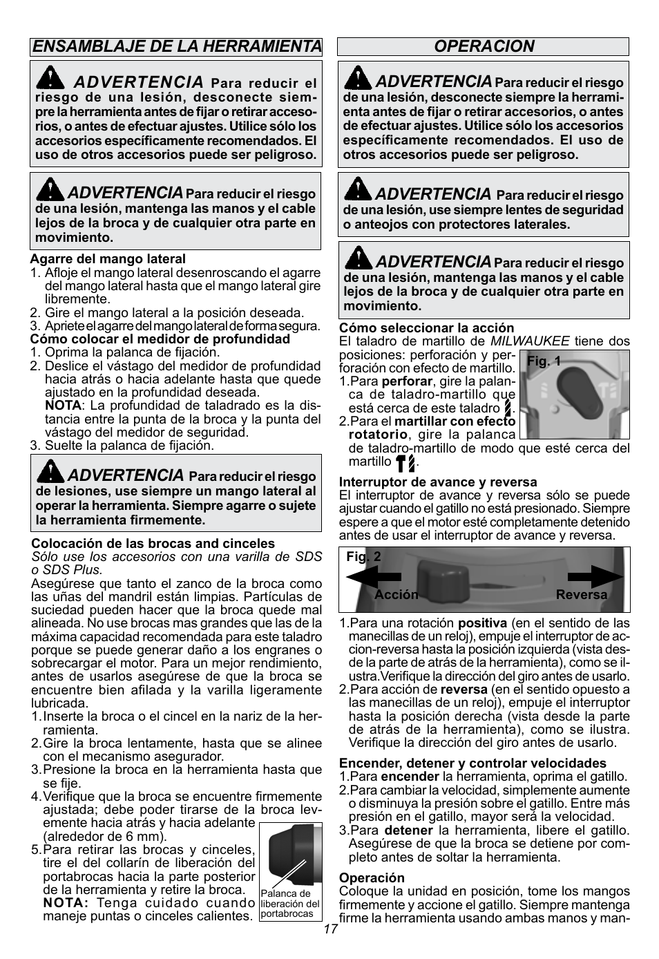 Advertencia, Ensamblaje de la herramienta advertencia, Operacion advertencia | Milwaukee Tool 5263-21 User Manual | Page 17 / 20