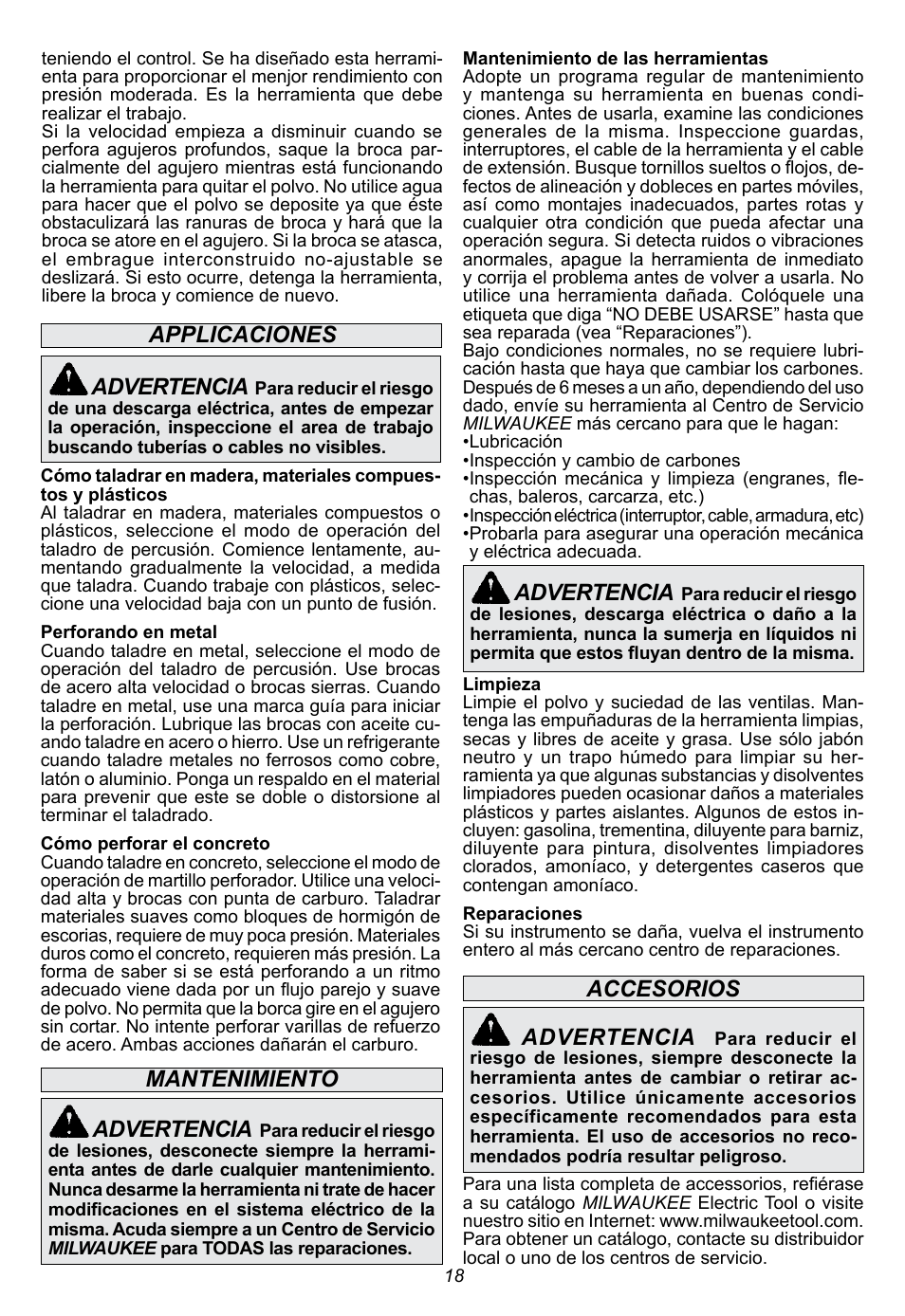 Applicaciones, Accesorios advertencia, Mantenimiento advertencia | Advertencia | Milwaukee Tool 5263-21 User Manual | Page 18 / 20