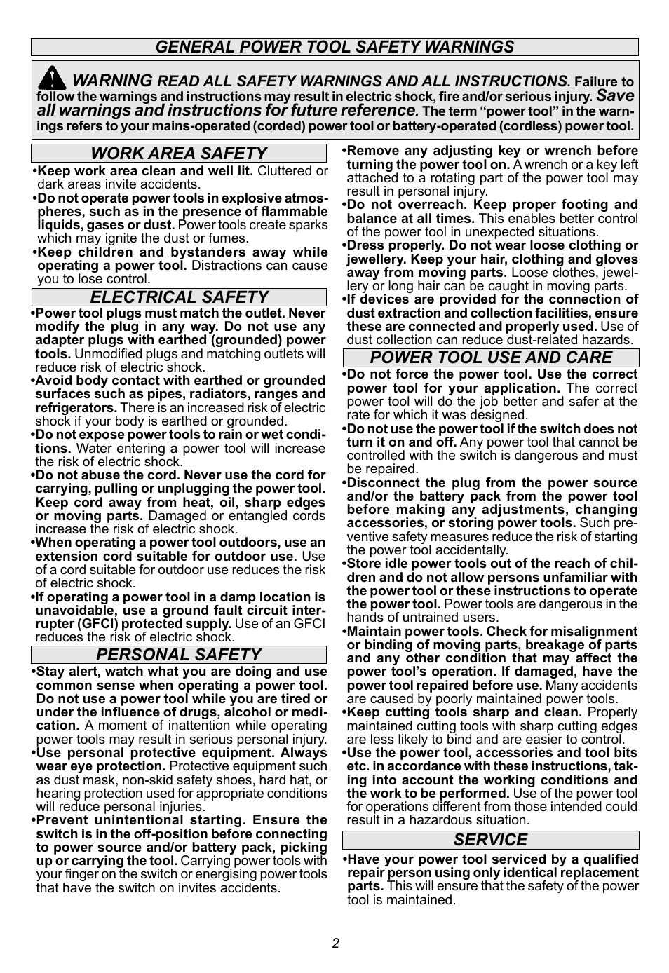 Electrical safety, Personal safety, Power tool use and care | Service, Warning | Milwaukee Tool 5263-21 User Manual | Page 2 / 20