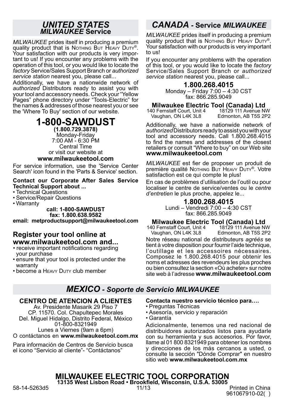 800-sawdust, United states, Canada | Mexico, Milwaukee electric tool corporation, Milwaukee service, Service milwaukee, Soporte de servicio milwaukee | Milwaukee Tool 5263-21 User Manual | Page 20 / 20