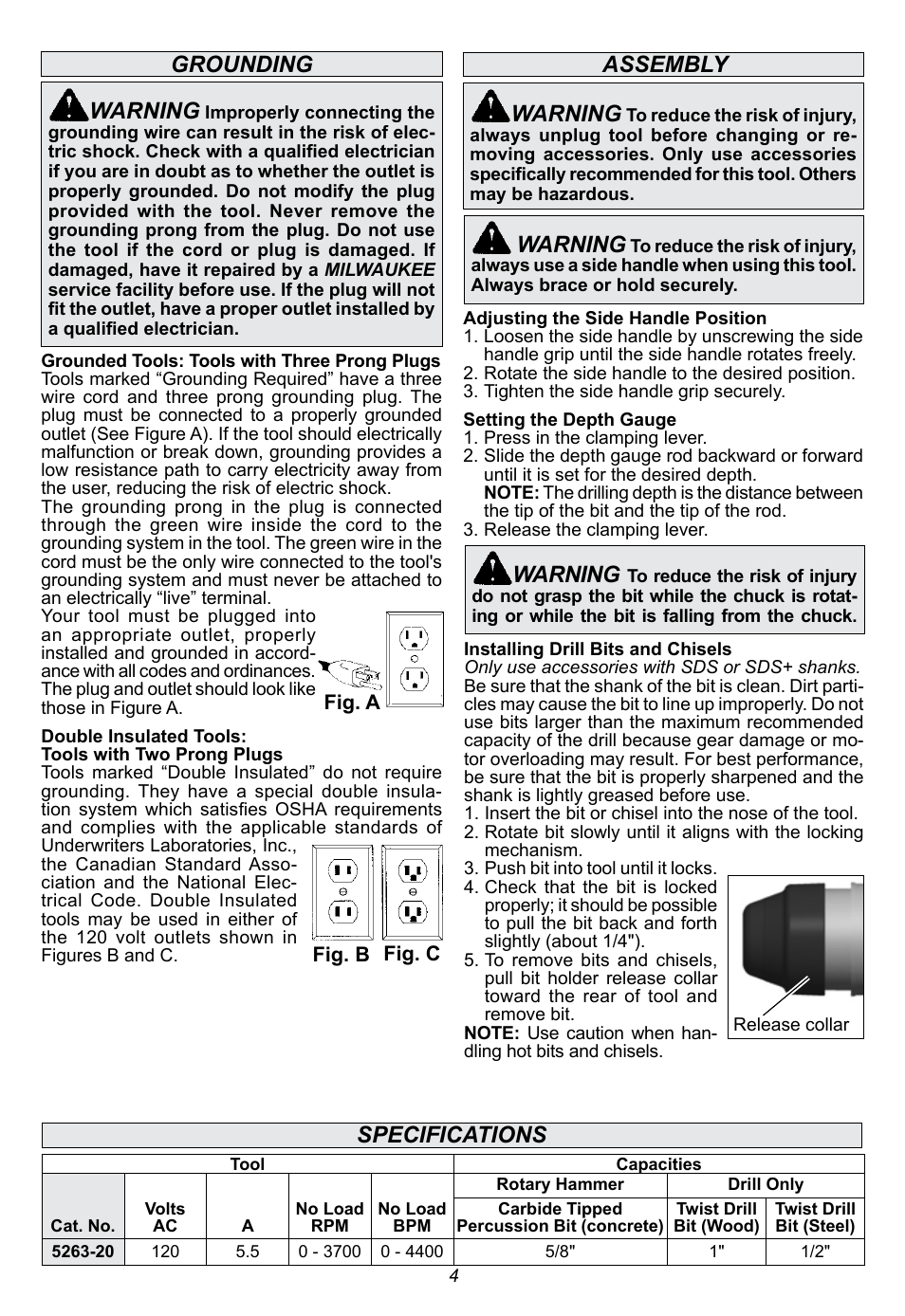 Grounding warning, Assembly warning, Warning | Specifications | Milwaukee Tool 5263-21 User Manual | Page 4 / 20