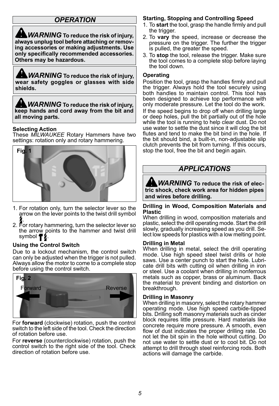 Operation warning, Warning, Applications warning | Milwaukee Tool 5263-21 User Manual | Page 5 / 20