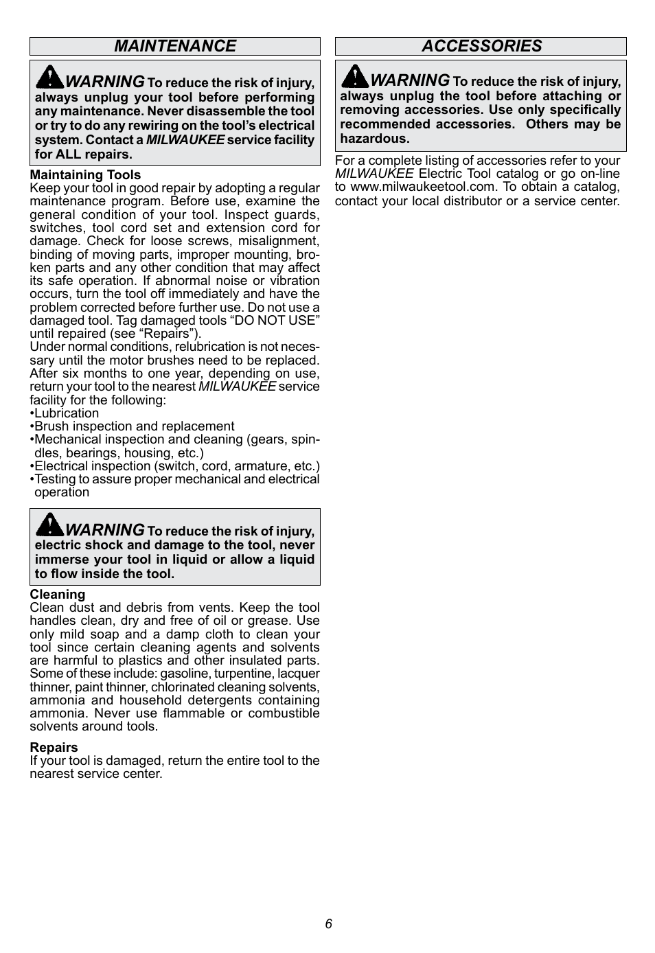 Accessories, Warning, Maintenance warning | Milwaukee Tool 5263-21 User Manual | Page 6 / 20