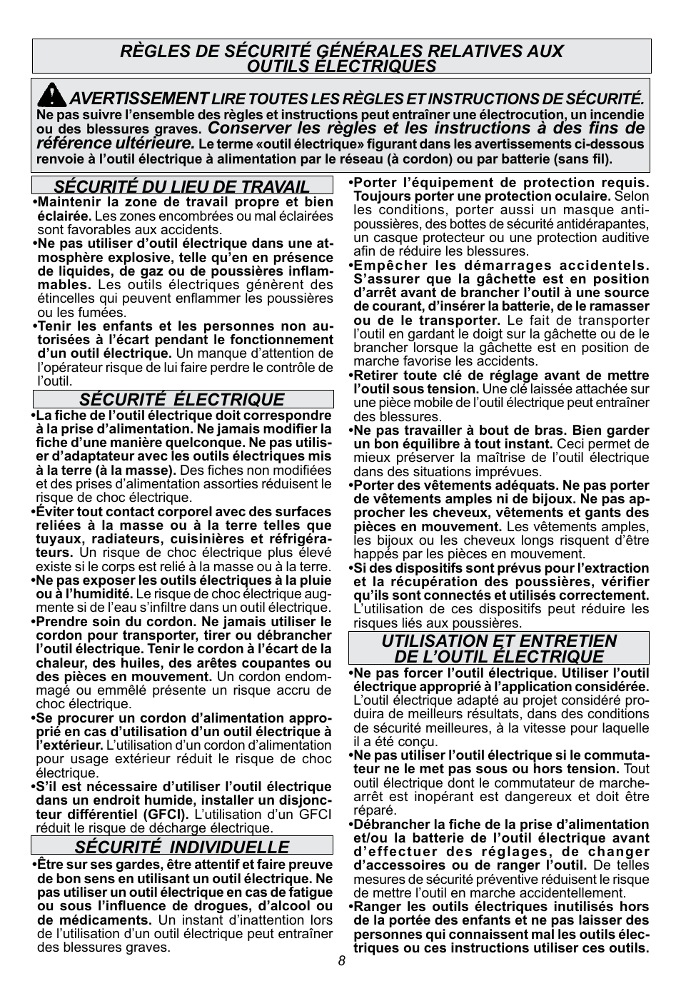 Sécurité, Électrique, Individuelle | Utilisation et entretien de l’outil électrique, Avertissement | Milwaukee Tool 5263-21 User Manual | Page 8 / 20