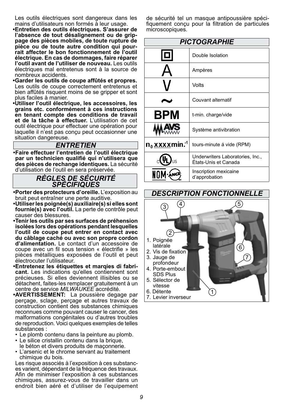 Règles de sécurité spécifiques, Description fonctionnelle pictographie, Entretien | Milwaukee Tool 5263-21 User Manual | Page 9 / 20