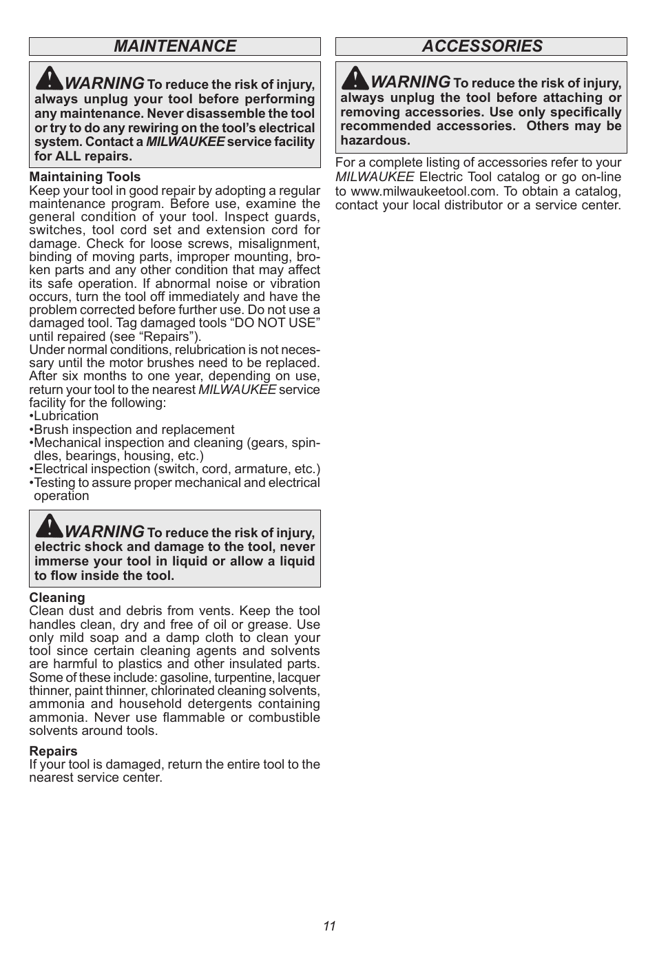 Accessories, Warning, Maintenance warning | Milwaukee Tool 5615-24 User Manual | Page 11 / 36