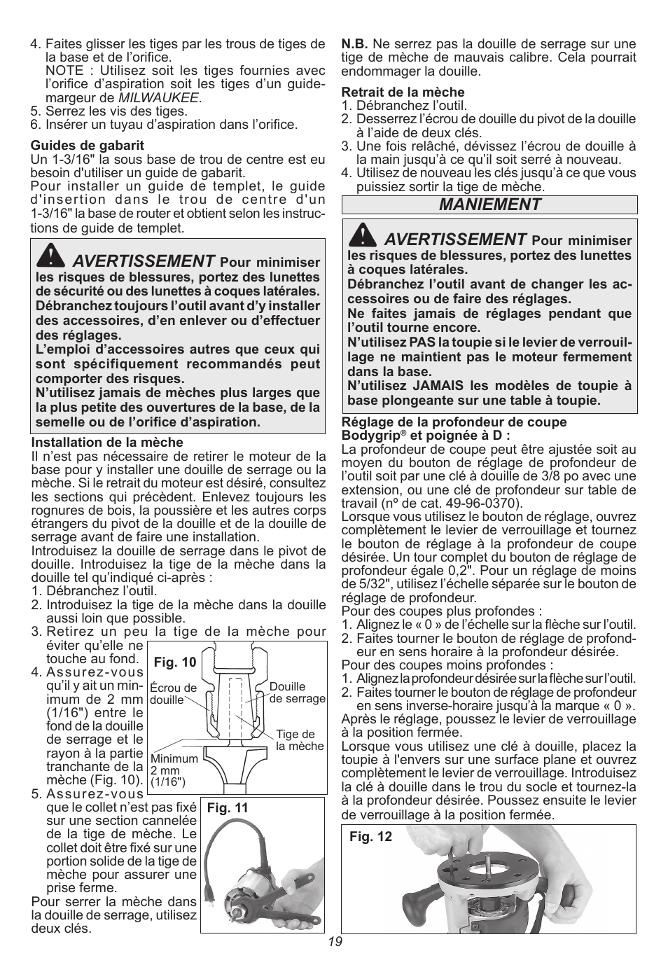 Avertissement, Maniement avertissement | Milwaukee Tool 5615-24 User Manual | Page 19 / 36