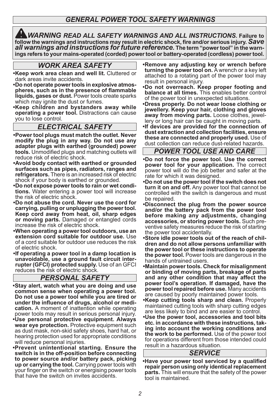 General power tool safety warnings warning, Personal safety work area safety electrical safety, Power tool use and care | Service | Milwaukee Tool 5615-24 User Manual | Page 2 / 36