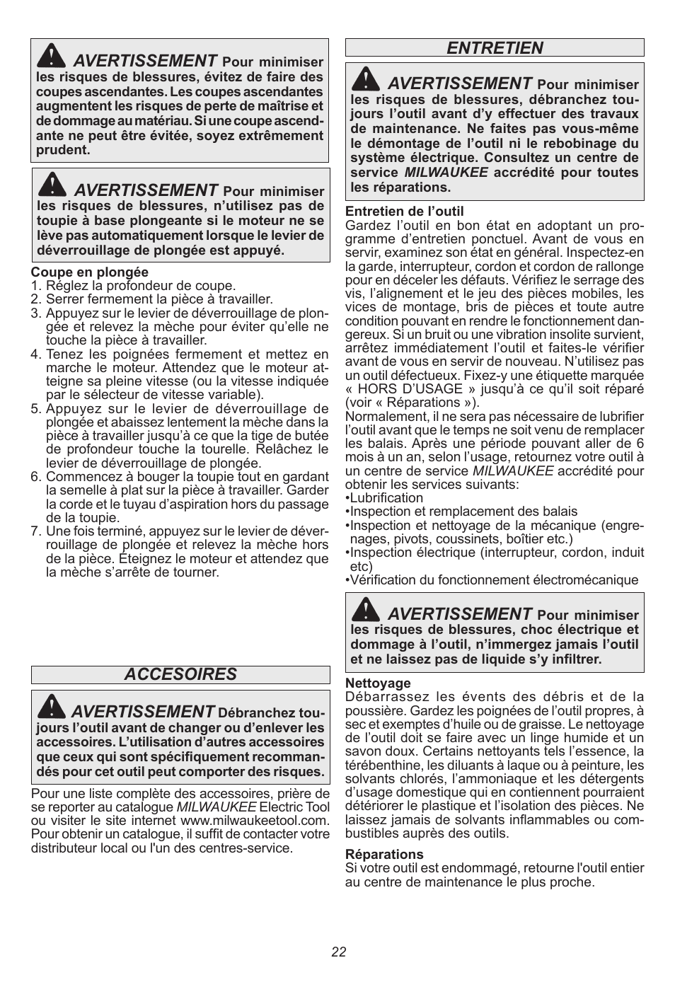 Accesoires avertissement, Entretien avertissement, Avertissement | Milwaukee Tool 5615-24 User Manual | Page 22 / 36