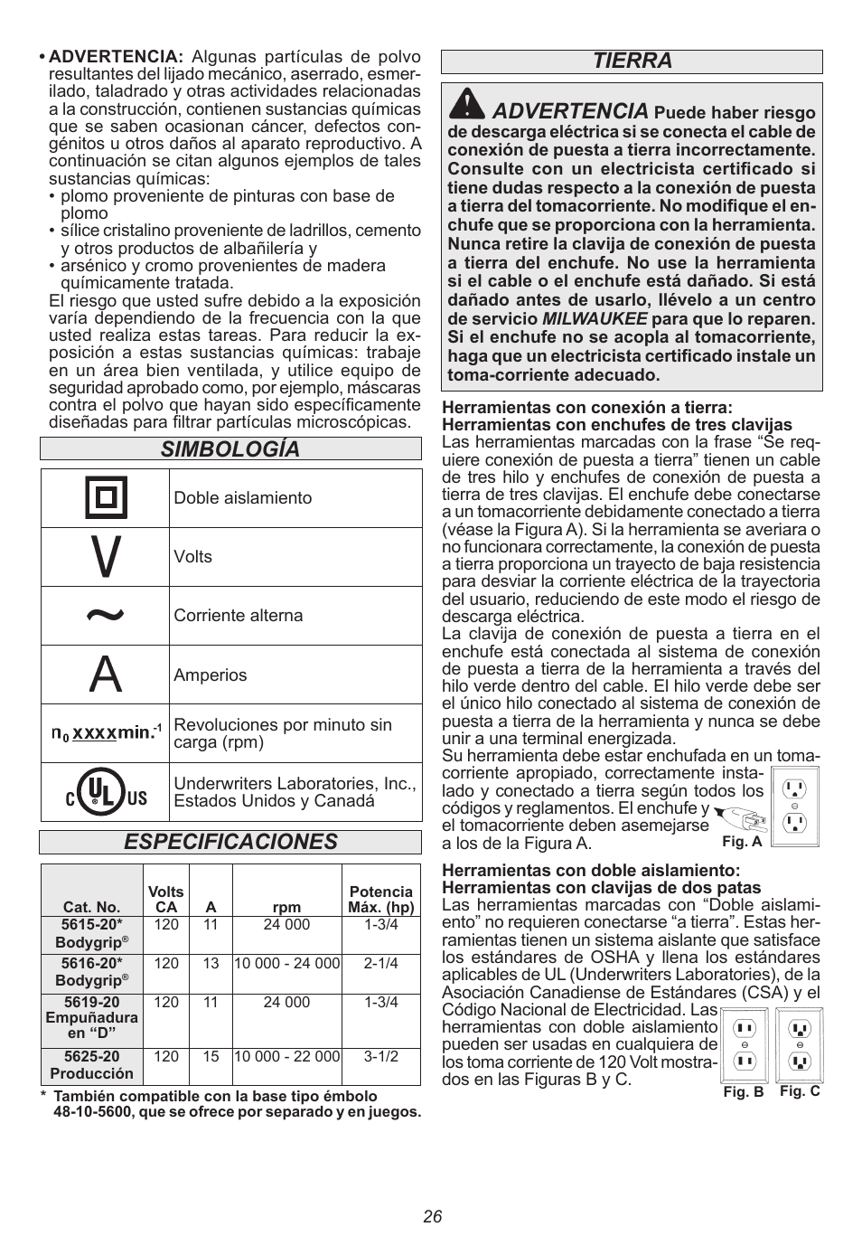 Especificaciones simbología, Tierra advertencia | Milwaukee Tool 5615-24 User Manual | Page 26 / 36