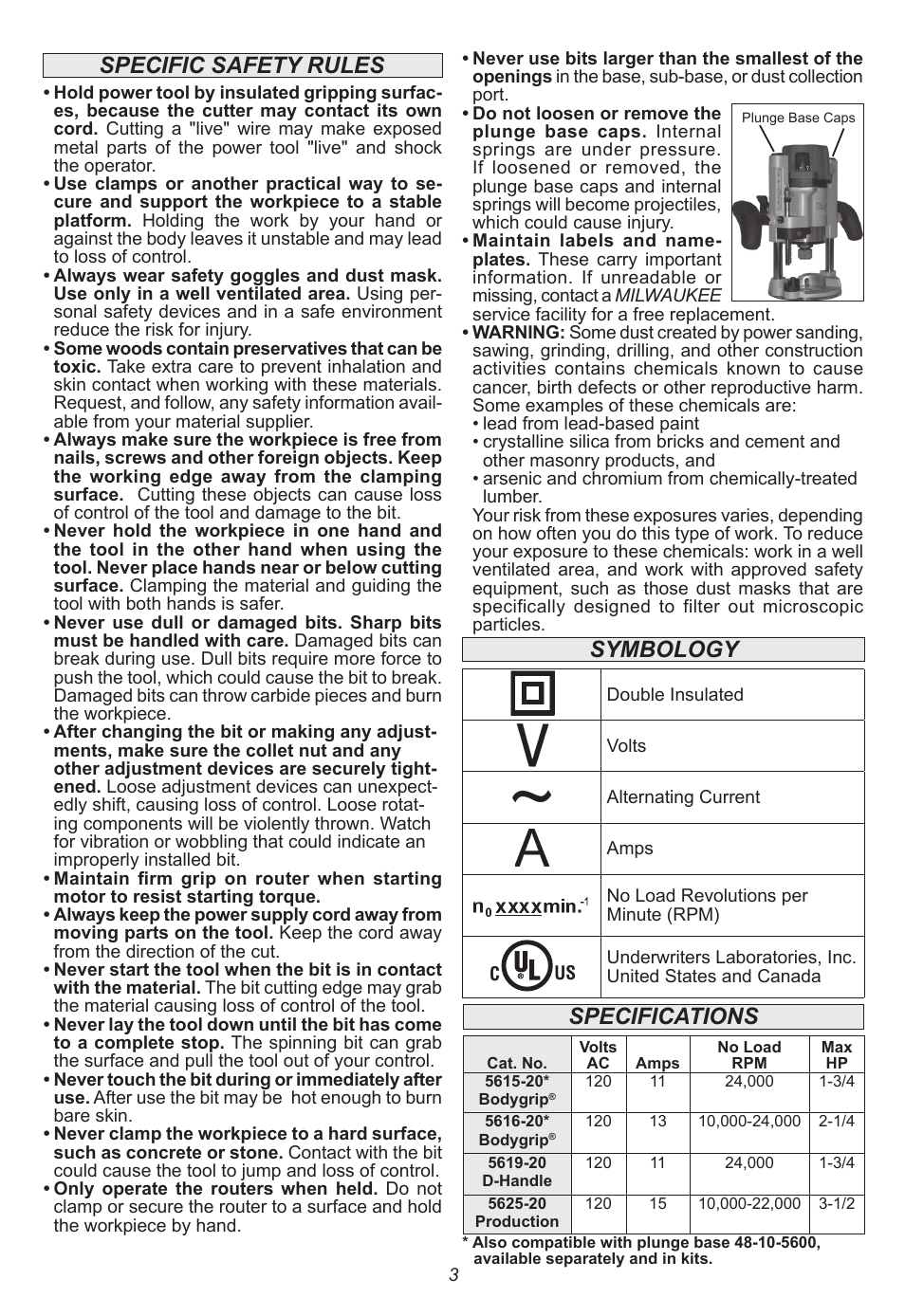 Specific safety rules specifications, Symbology | Milwaukee Tool 5615-24 User Manual | Page 3 / 36