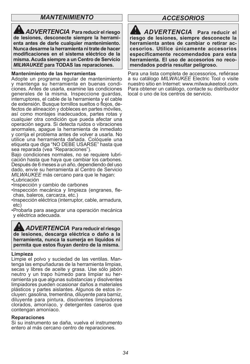 Mantenimiento advertencia, Advertencia, Accesorios advertencia | Milwaukee Tool 5615-24 User Manual | Page 34 / 36