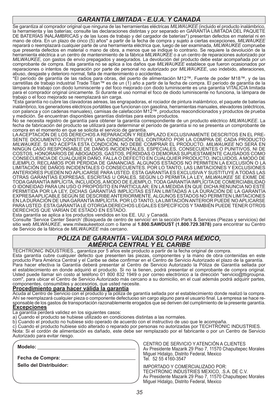 Garantía limitada - e.u.a. y canadá | Milwaukee Tool 5615-24 User Manual | Page 35 / 36