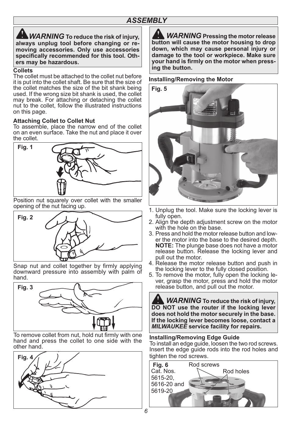 Assembly warning, Warning | Milwaukee Tool 5615-24 User Manual | Page 6 / 36