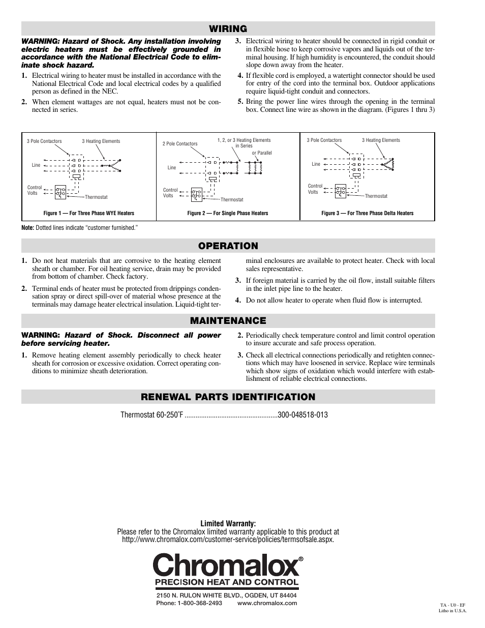 Wiring, Operation, Maintenance | Renewal parts identification | Chromalox NWHMTO User Manual | Page 2 / 2