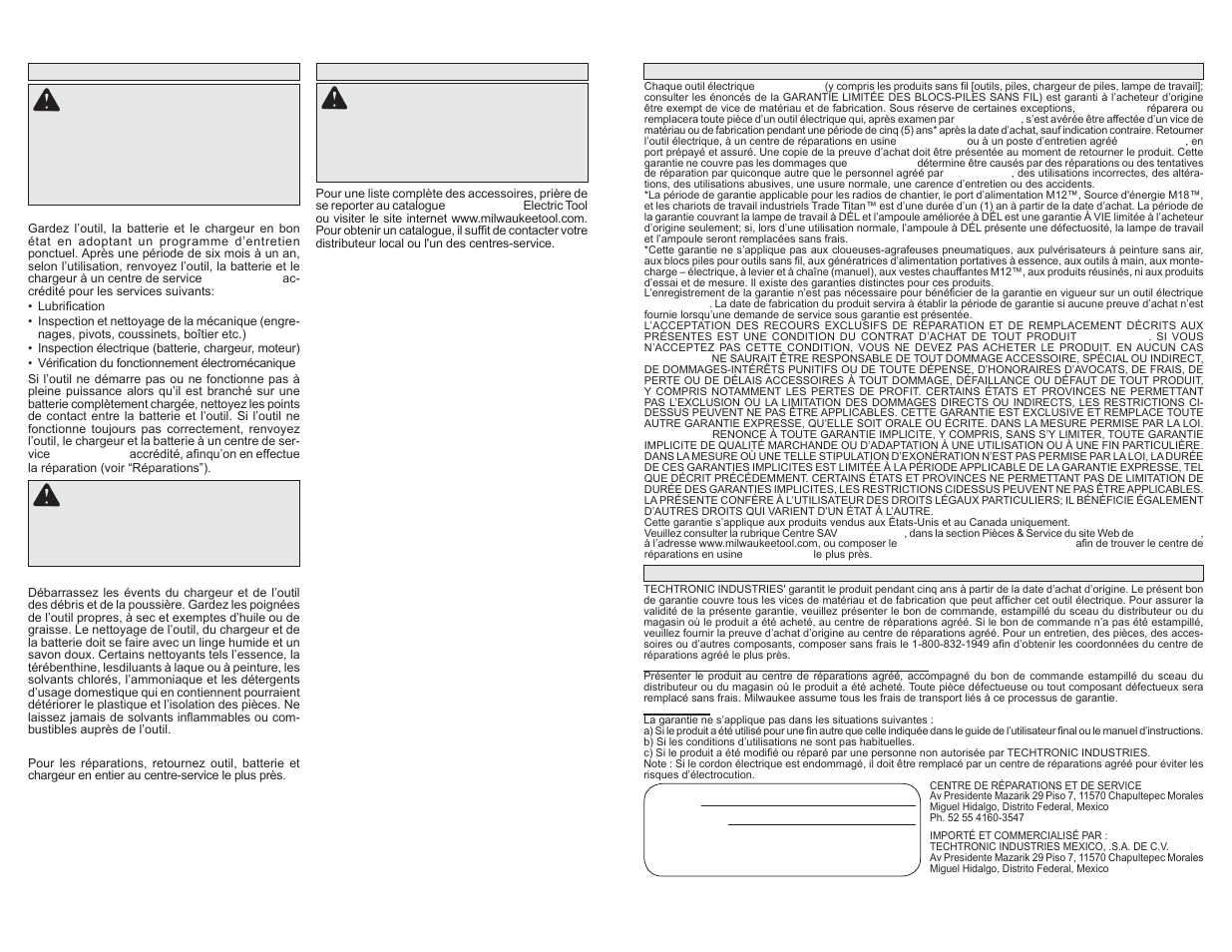 Entretien avertissement, Avertissement, Accesoires avertissement | Milwaukee Tool 2101-21 User Manual | Page 7 / 11