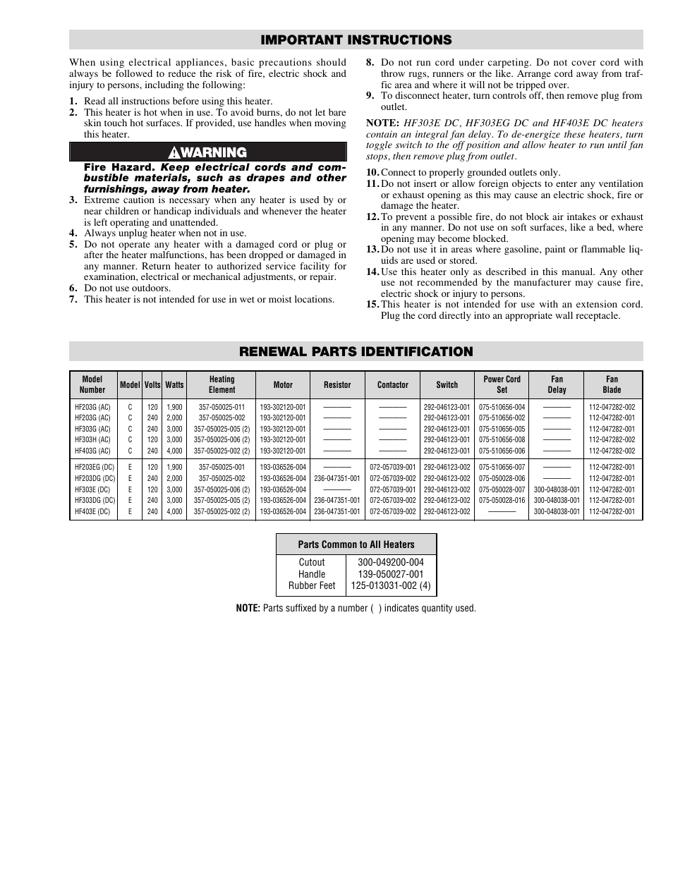 Important instructions, Renewal parts identification | Chromalox PF411-10 User Manual | Page 3 / 4