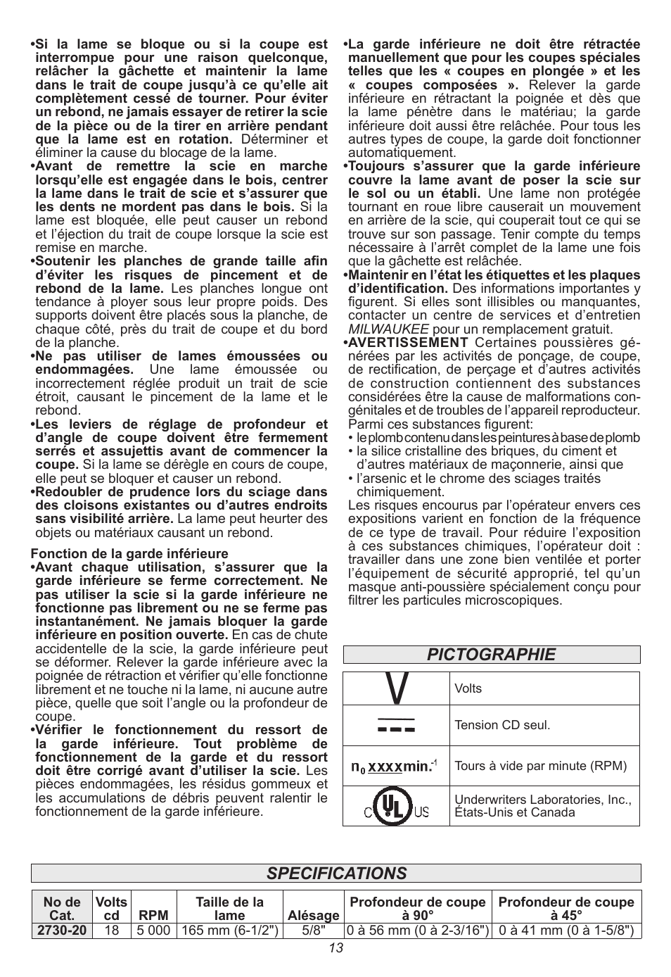 Pictographie specifications | Milwaukee Tool 2730-20 User Manual | Page 13 / 32