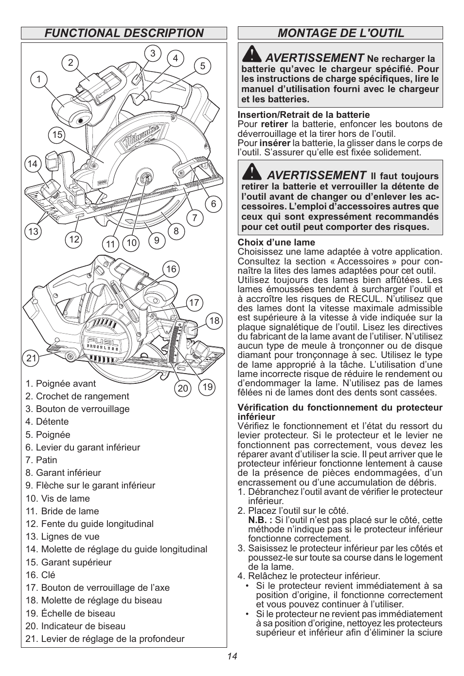 Avertissement | Milwaukee Tool 2730-20 User Manual | Page 14 / 32