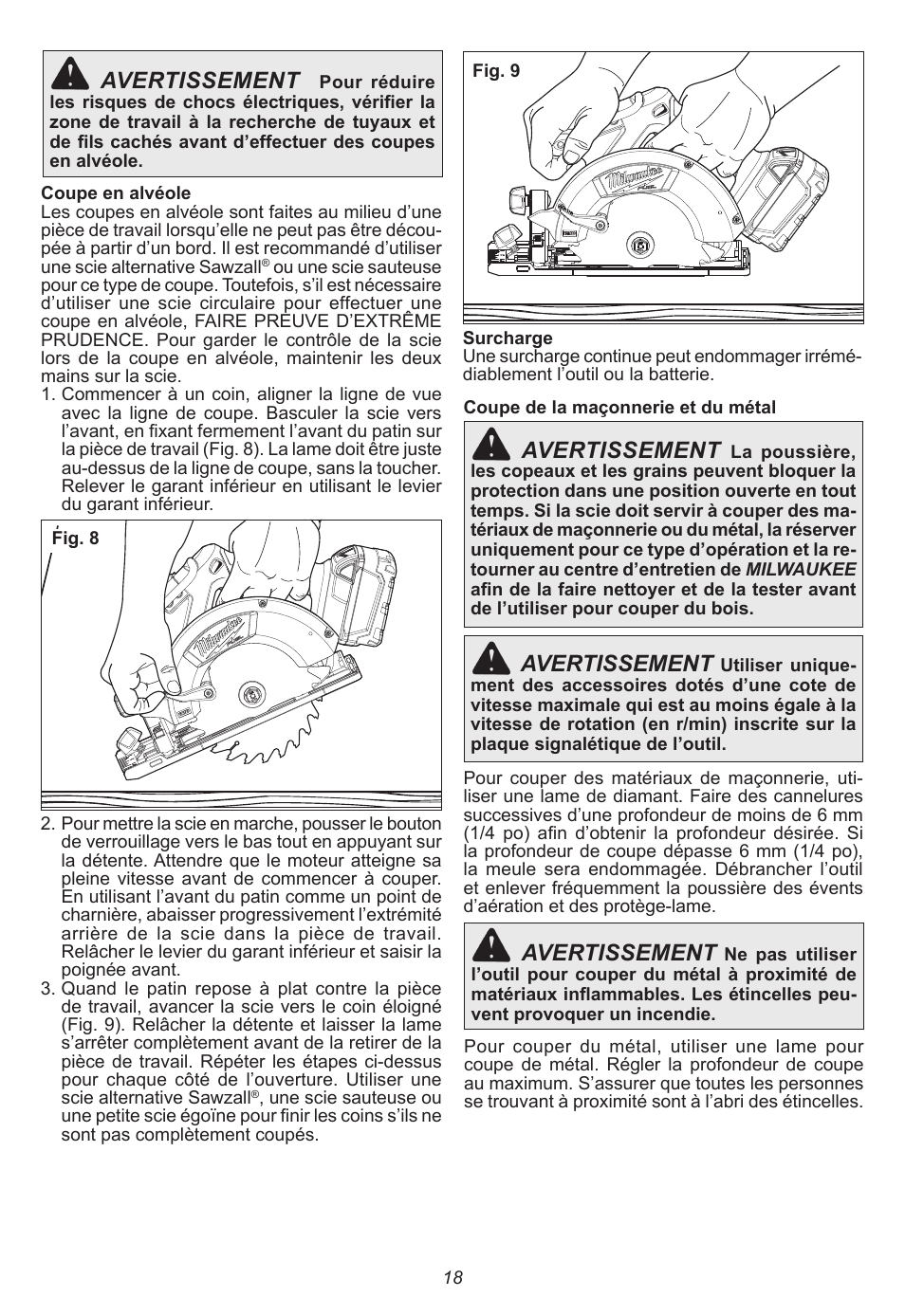 Avertissement | Milwaukee Tool 2730-20 User Manual | Page 18 / 32