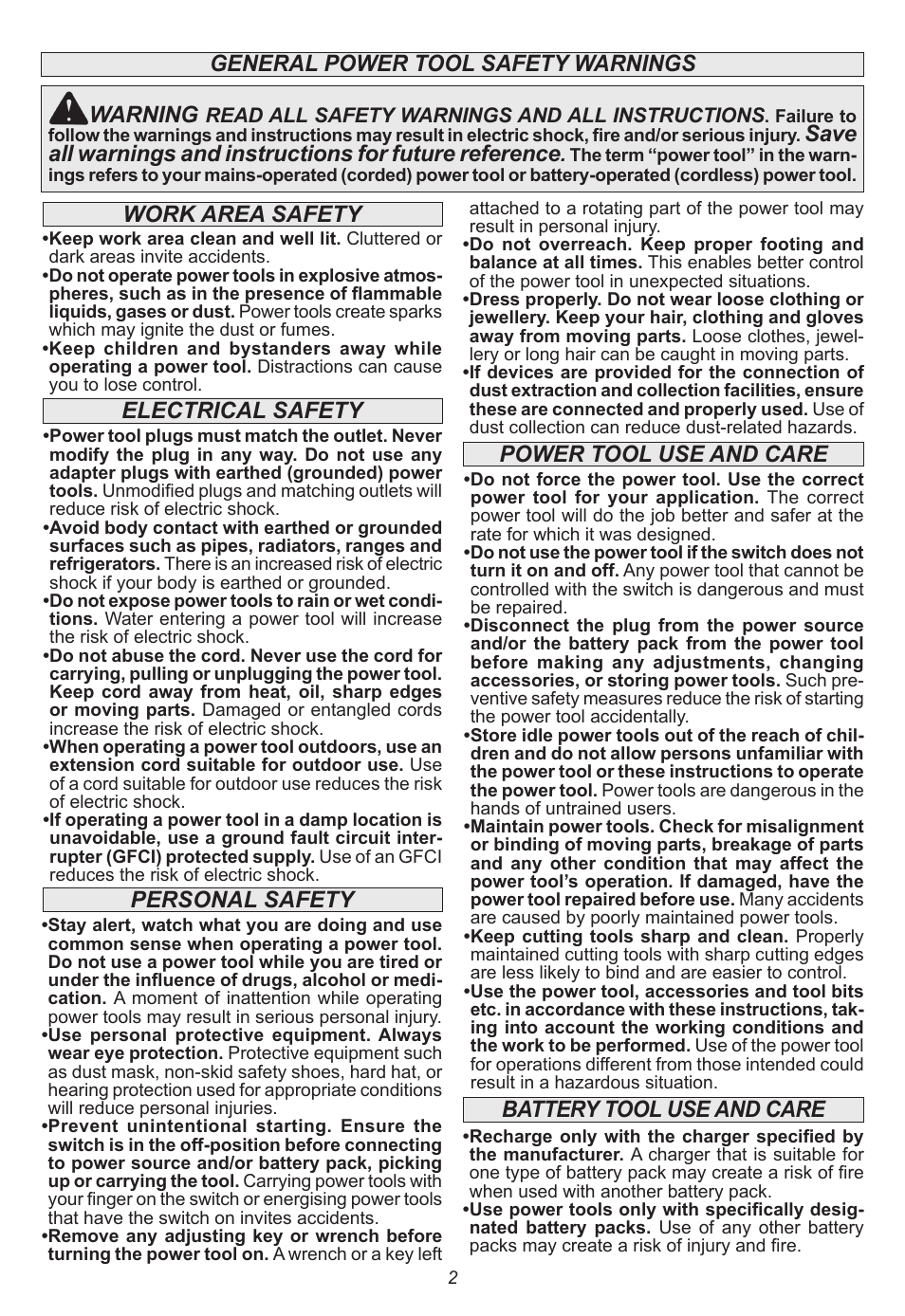 General power tool safety warnings warning, Power tool use and care | Milwaukee Tool 2730-20 User Manual | Page 2 / 32