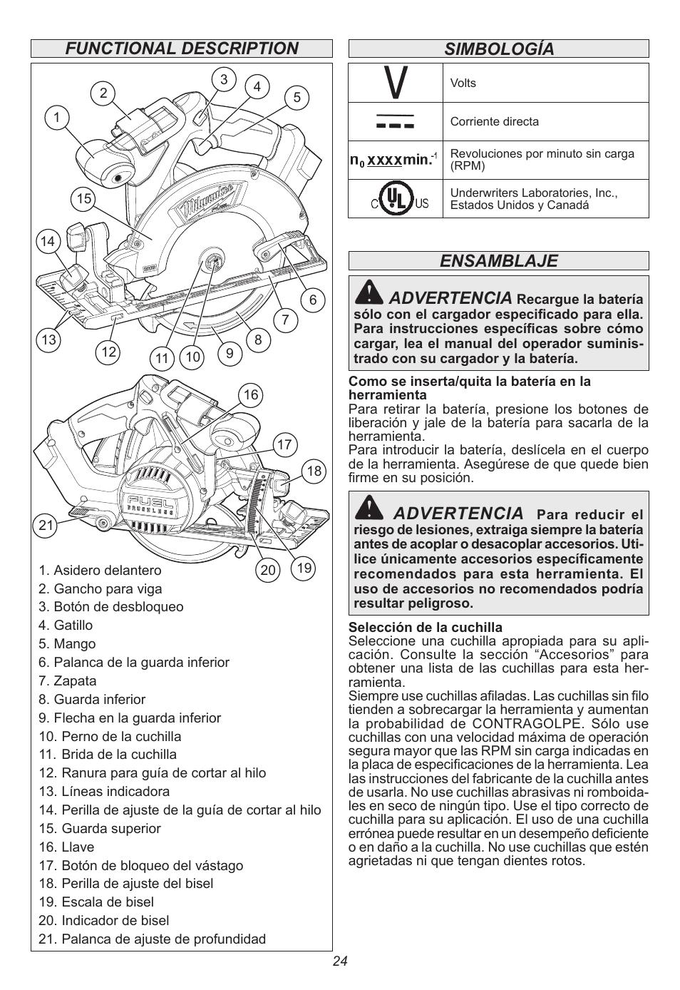 Functional description, Ensamblaje advertencia, Advertencia | Simbología | Milwaukee Tool 2730-20 User Manual | Page 24 / 32