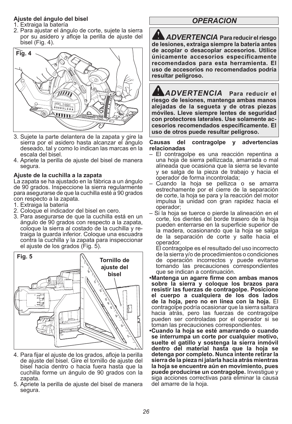 Advertencia, Operacion | Milwaukee Tool 2730-20 User Manual | Page 26 / 32