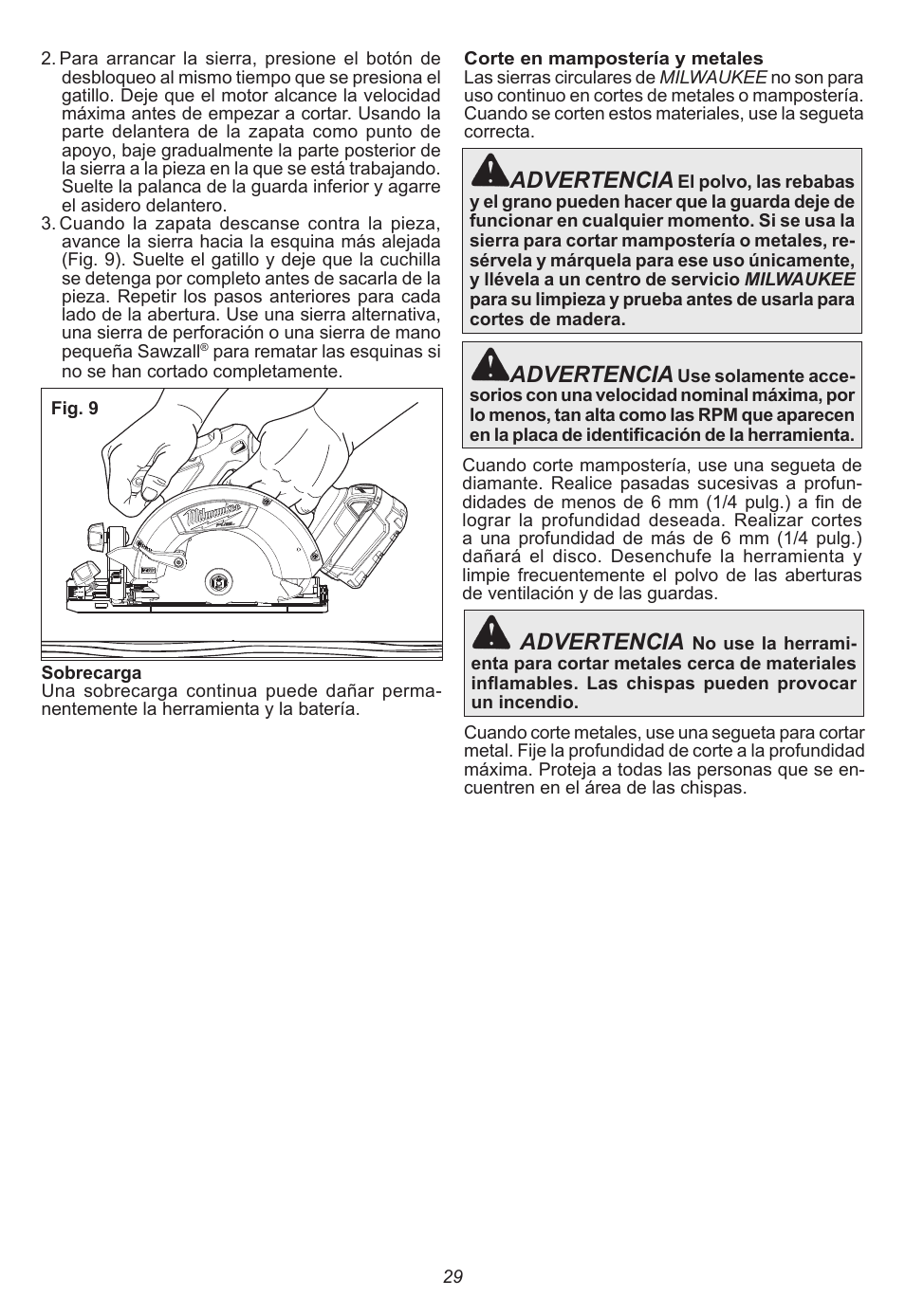 Advertencia | Milwaukee Tool 2730-20 User Manual | Page 29 / 32