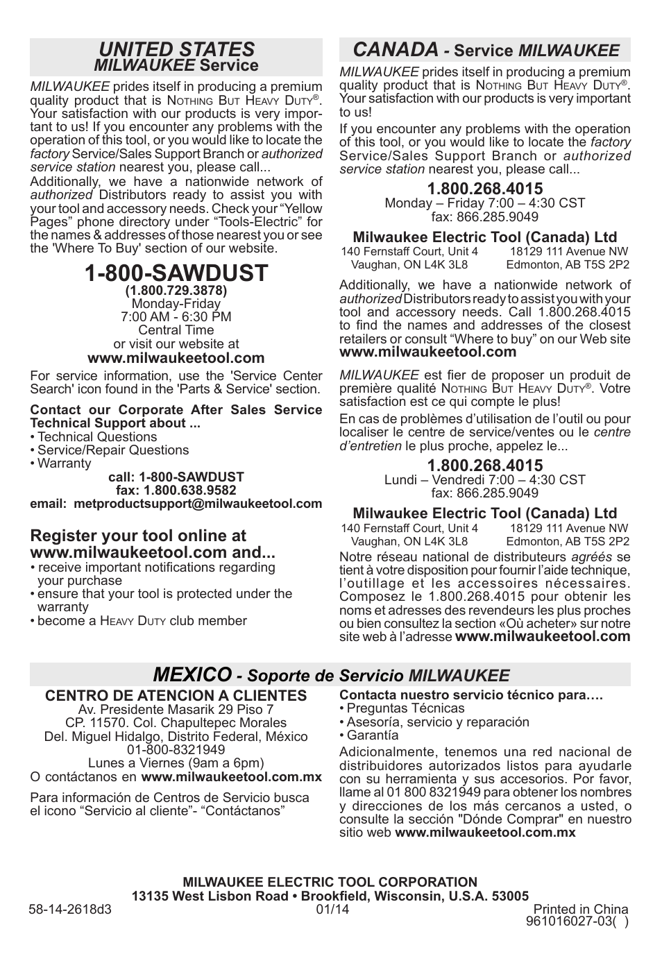 800-sawdust, United states, Canada | Mexico, Milwaukee service, Service milwaukee, Soporte de servicio milwaukee | Milwaukee Tool 2730-20 User Manual | Page 32 / 32