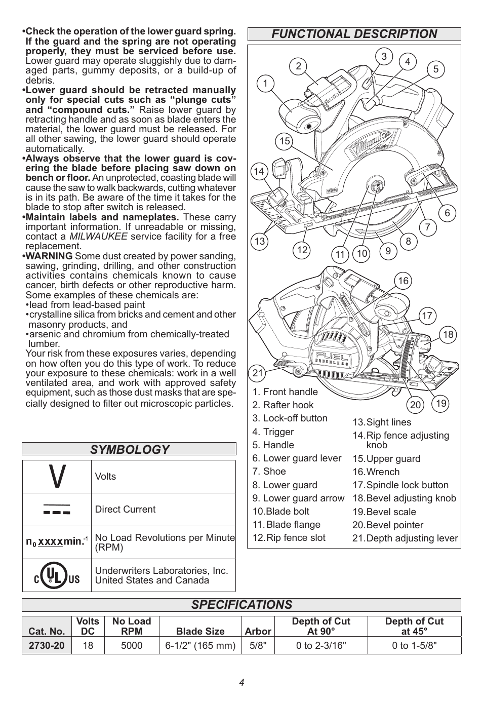 Functional description symbology specifications | Milwaukee Tool 2730-20 User Manual | Page 4 / 32