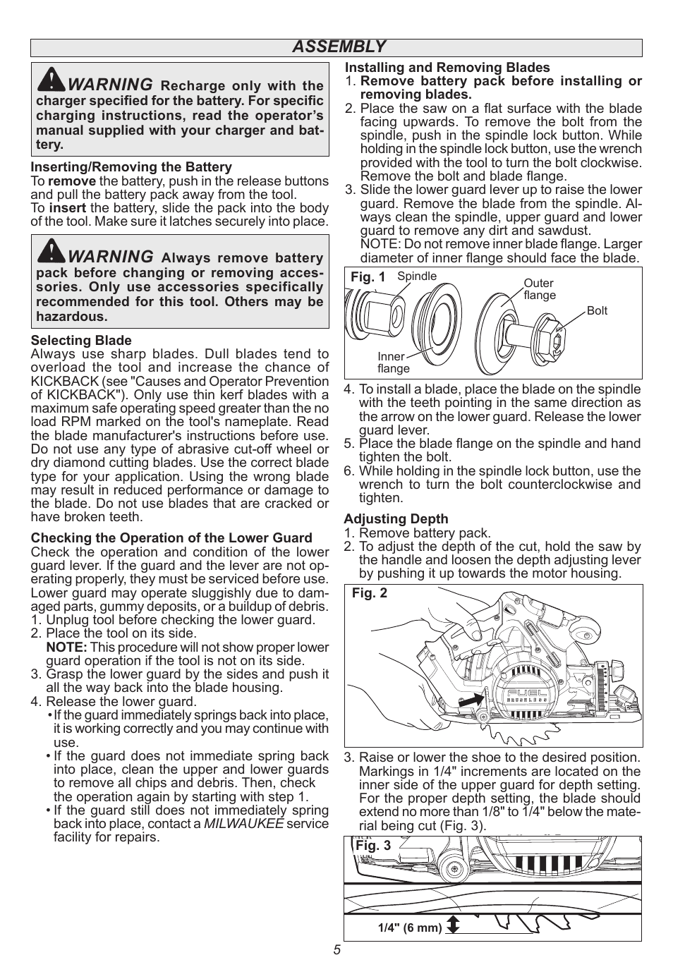 Assembly warning, Warning | Milwaukee Tool 2730-20 User Manual | Page 5 / 32