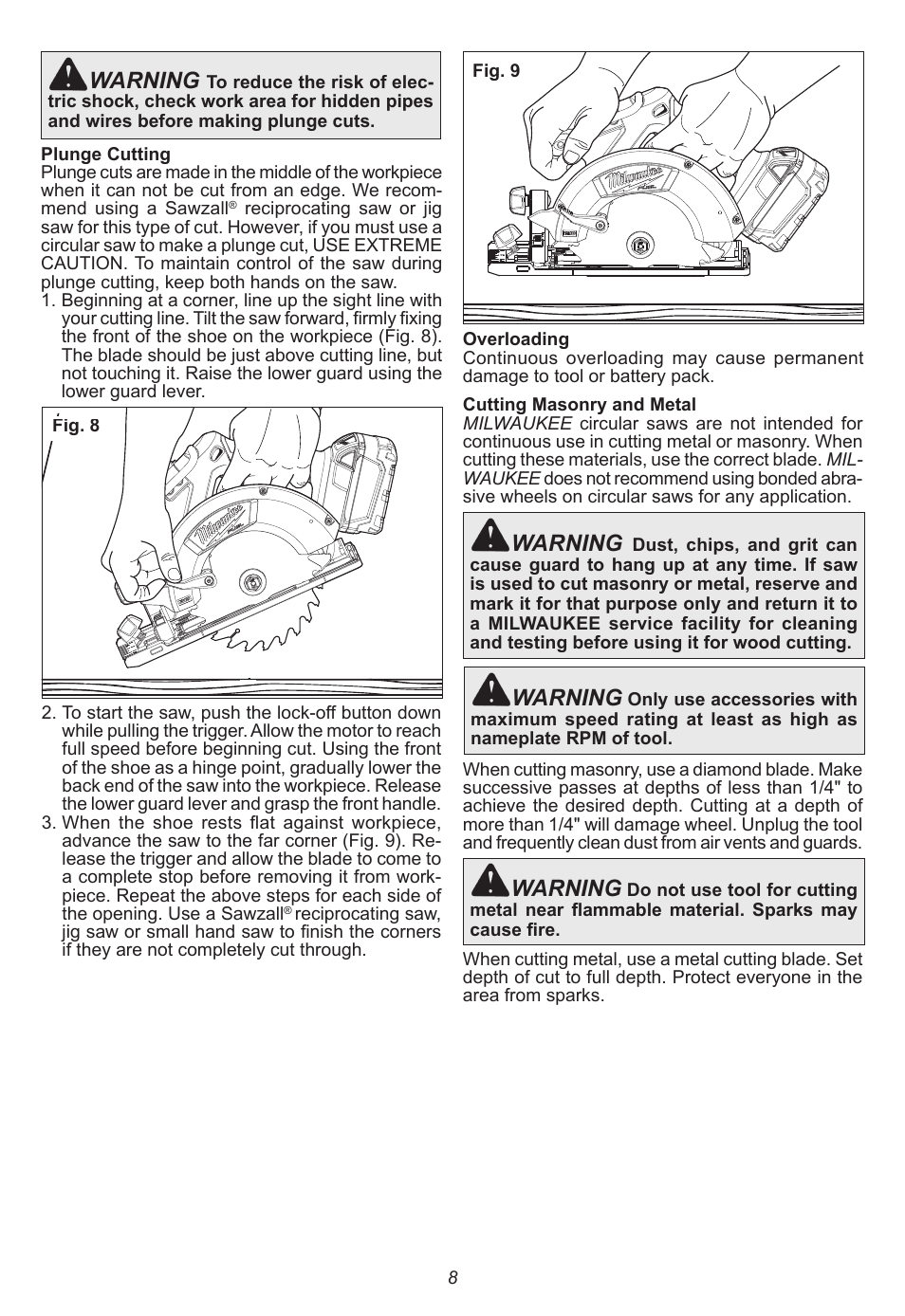 Warning | Milwaukee Tool 2730-20 User Manual | Page 8 / 32