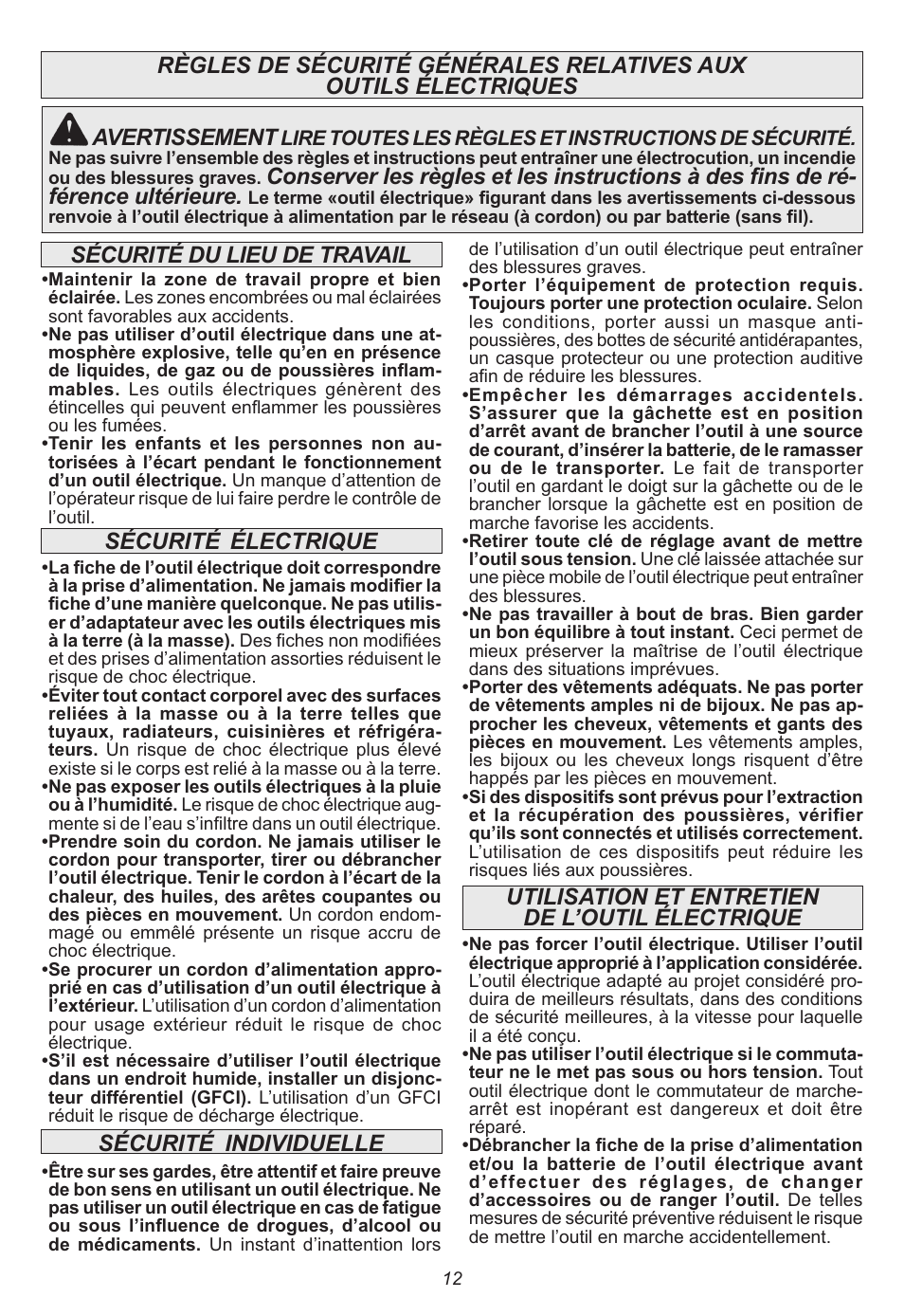 Sécurité, Individuelle sécurité | Milwaukee Tool 6470-21 User Manual | Page 12 / 36