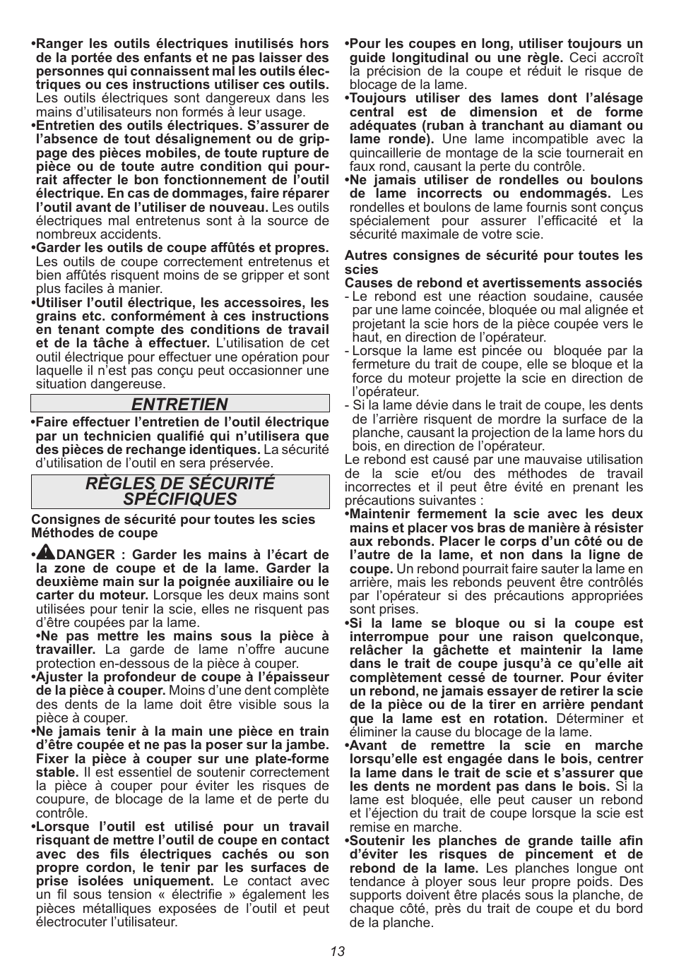 Entretien, Règles de sécurité spécifiques | Milwaukee Tool 6470-21 User Manual | Page 13 / 36