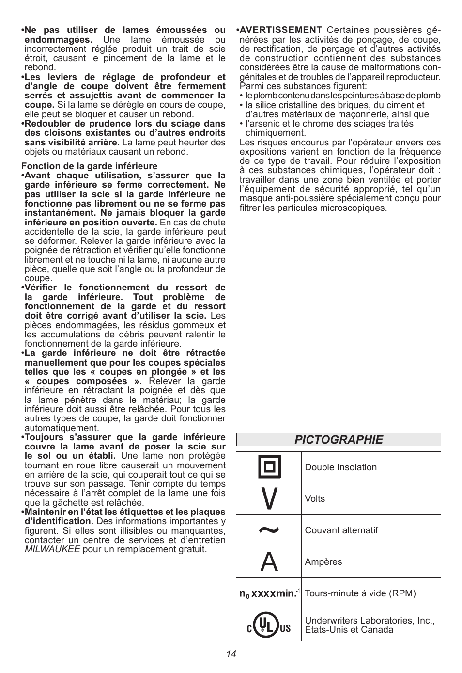 Pictographie | Milwaukee Tool 6470-21 User Manual | Page 14 / 36