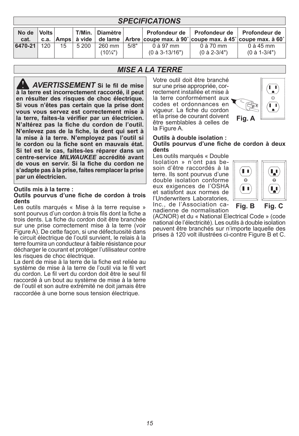 Avertissement, Mise a la terre, Specifications | Milwaukee Tool 6470-21 User Manual | Page 15 / 36