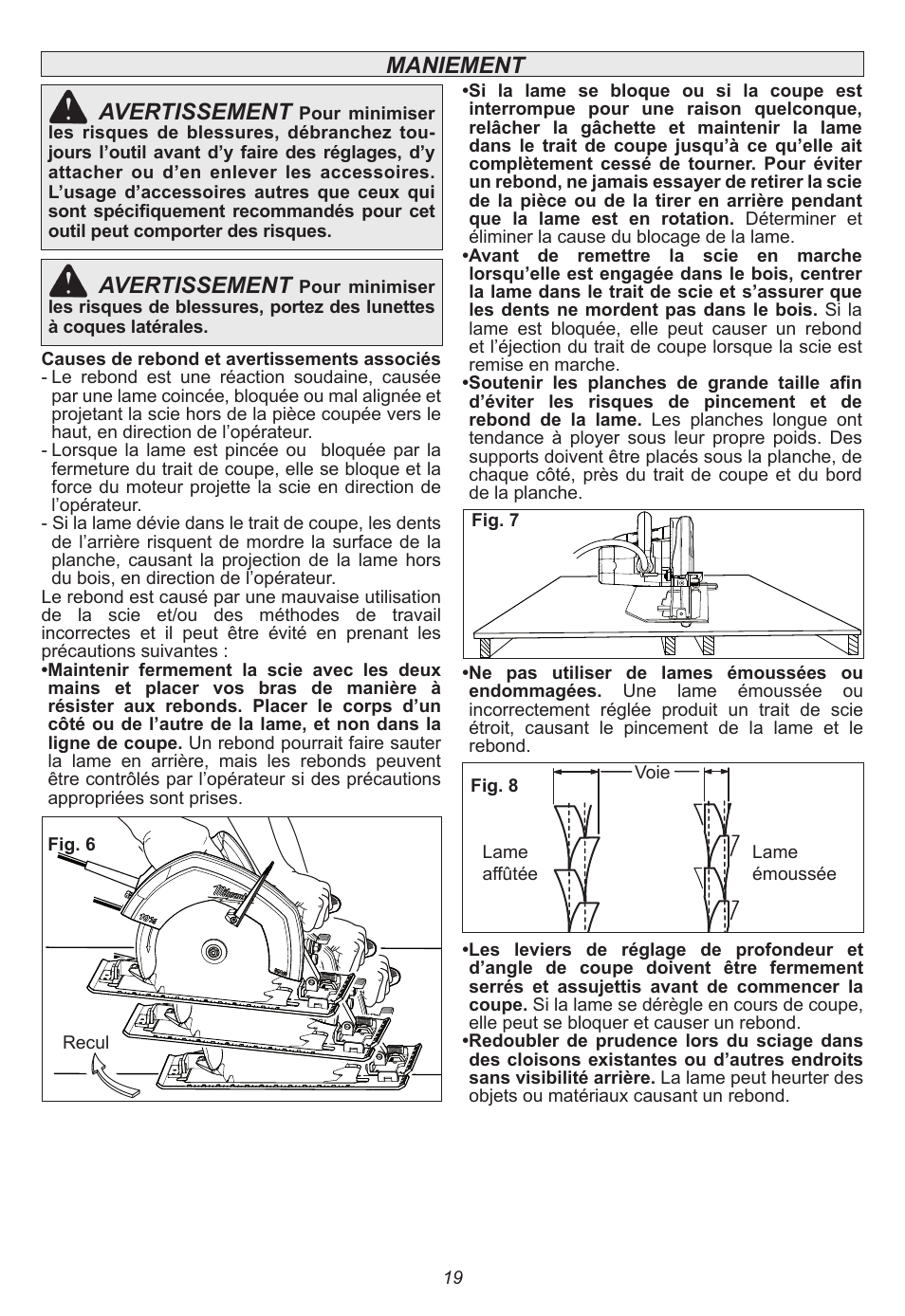 Maniement avertissement, Avertissement | Milwaukee Tool 6470-21 User Manual | Page 19 / 36